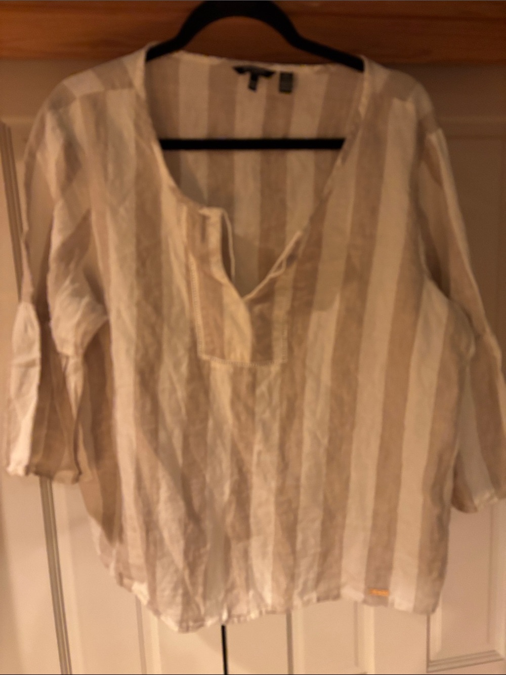 Ellen Tracy Cream and Tan Striped V-Neck Linen Tunic